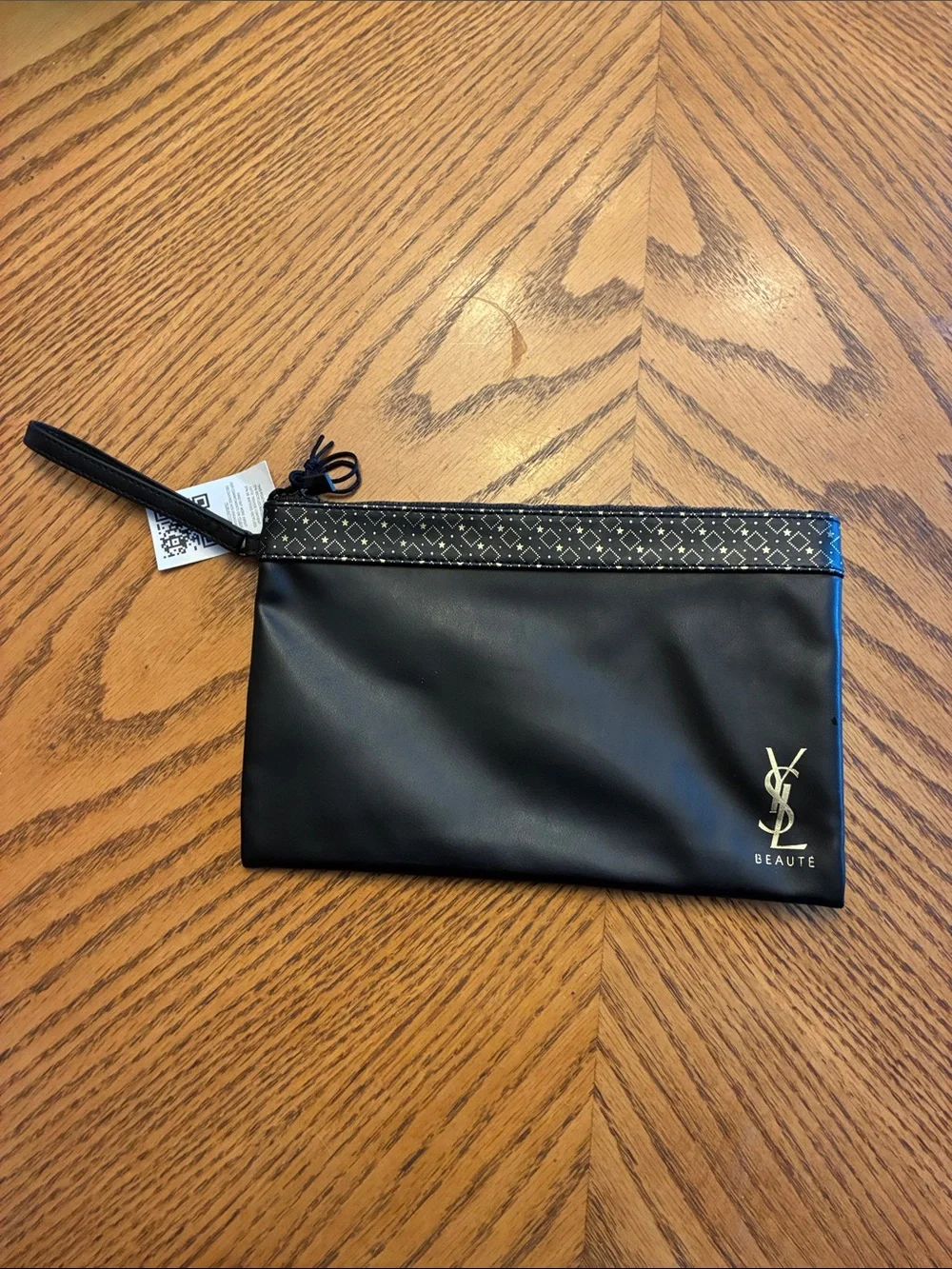 YSL Beaute Black Faux Leather Makeup Cosmetic Bag Pouch Clutch Gold geometric